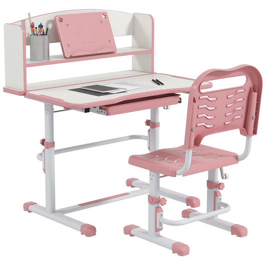 ZONEKIZ Height Adjustable Kids Study Table and Chair Set, with Drawer, Storage Shelf, 80 x 54.5 x 104 cm, Pink