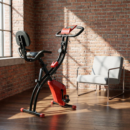 2-in-1 Folding Exercise Bike with 8-Level Magnetic Resistance, Arm Resistance Band, Pulse Sensor, Red