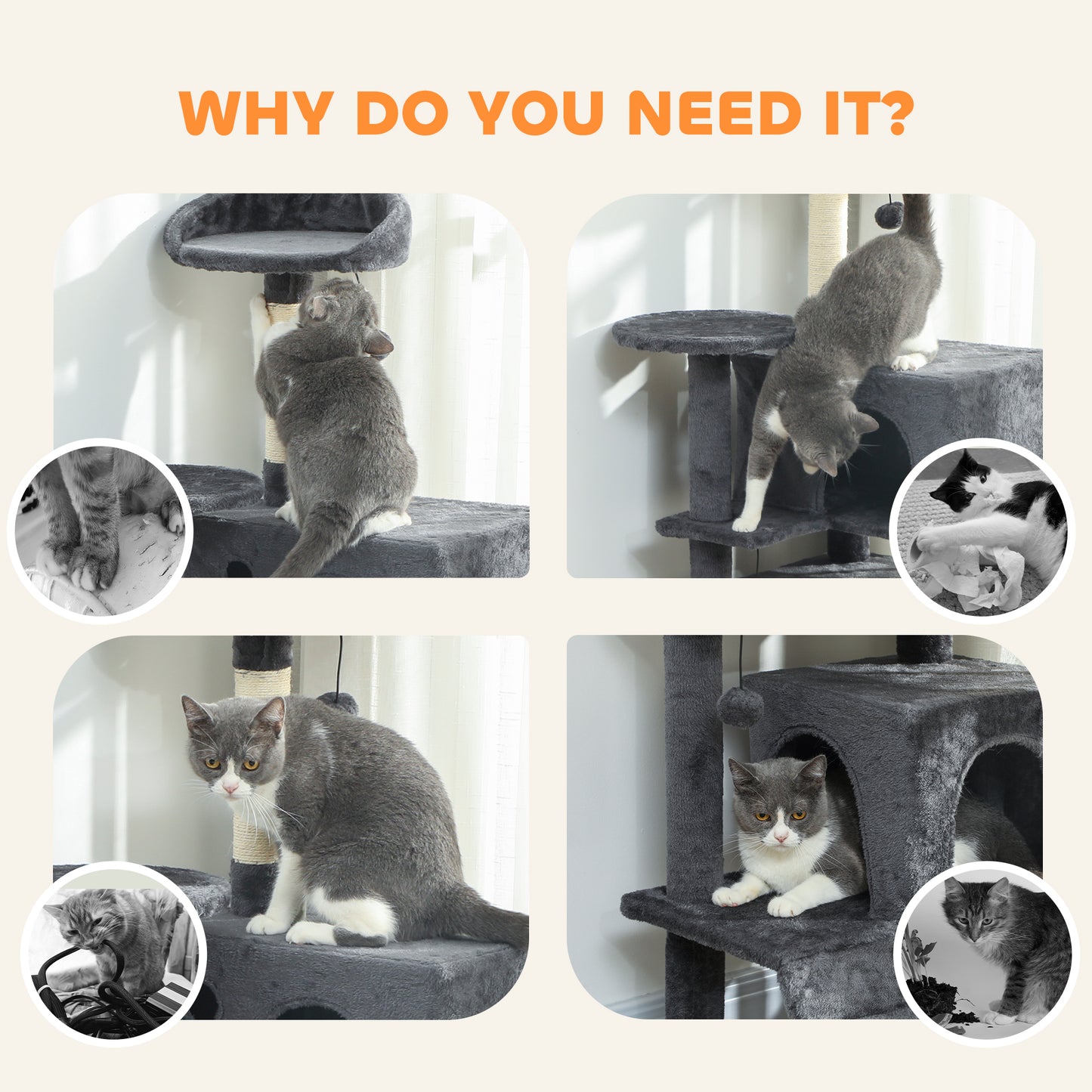 160cm Large Cat Tree Tower with Sisal Scratching Posts, Condos, Plush Perches, Hammock, Ladder, Dark Grey