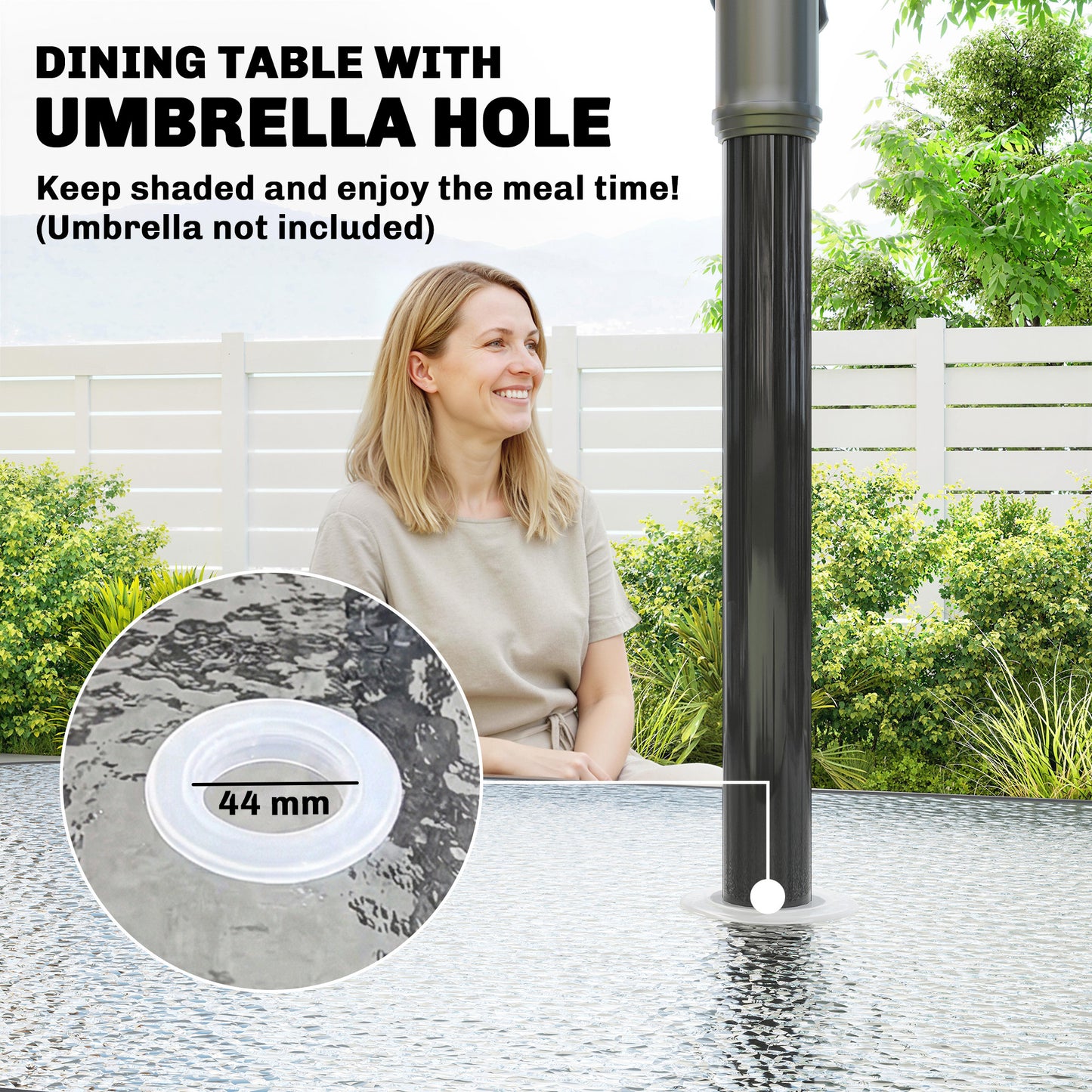 Garden Dining Set for 4 with Umbrella Hole, Stackable Chairs and Rectangular Glass-Top Outdoor Table, Light Grey