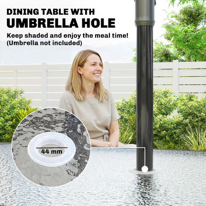 Garden Dining Set for 4 with Umbrella Hole, Stackable Chairs and Rectangular Glass-Top Outdoor Table, Light Grey