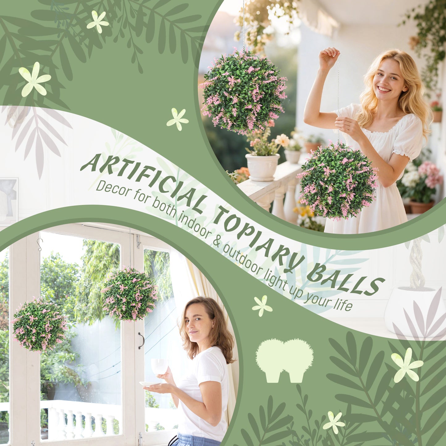 Set of 2 Artificial Plant Topiary Balls, UV-protected Fake Decorative Plants, Pink