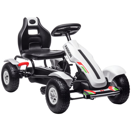 Pedal Go Kart, Kids Ride On Racer with Adjustable Seat, Inflatable Rubber Tyres, Handbrake for Ages 5-12 Years - White