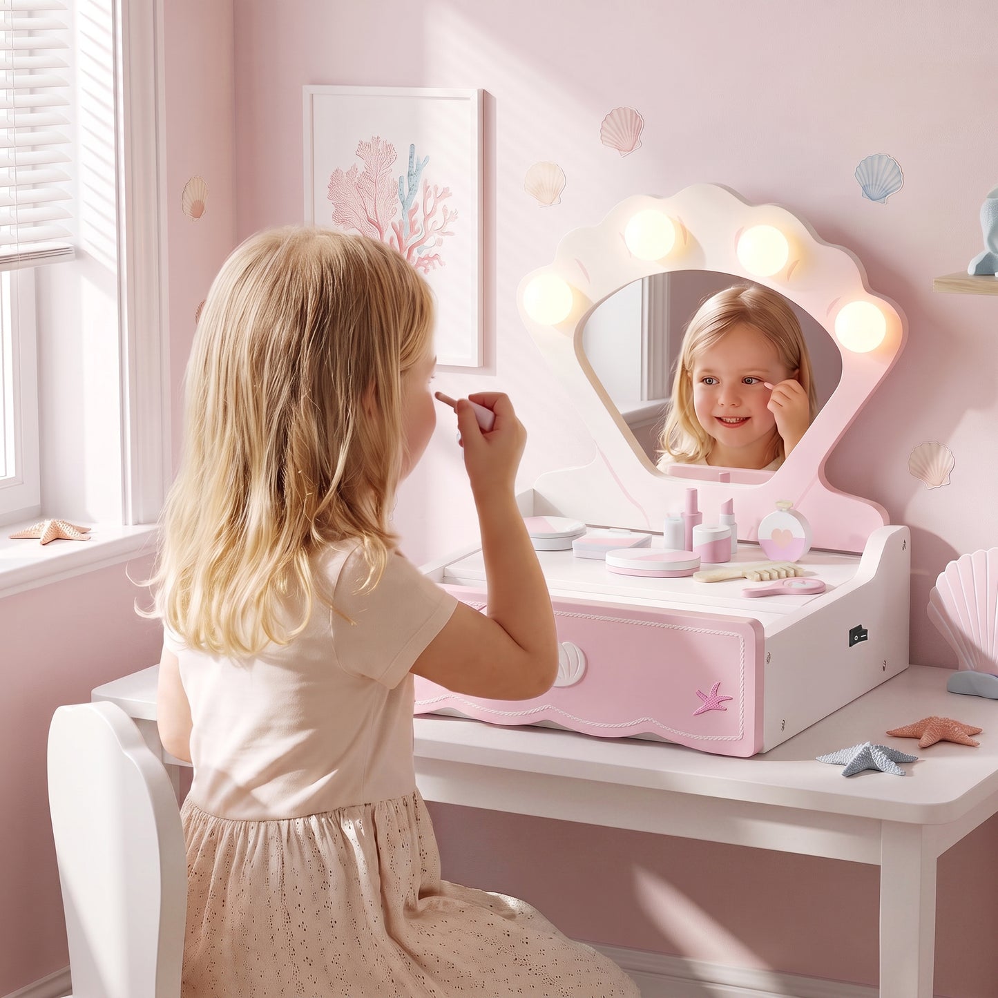 Kids Vanity Table, Portable Dressing Table with Lights, Mirror, Drawer, Accessories, Gift for 3-6 Years
