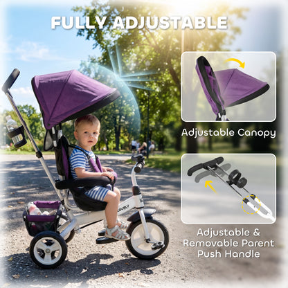 6 in 1 Kids Trike Push Bike w/ Push Handle, Canopy, 5-point Seat Belt, Storage, Footrest, Brake, for 1-5 Years, Purple