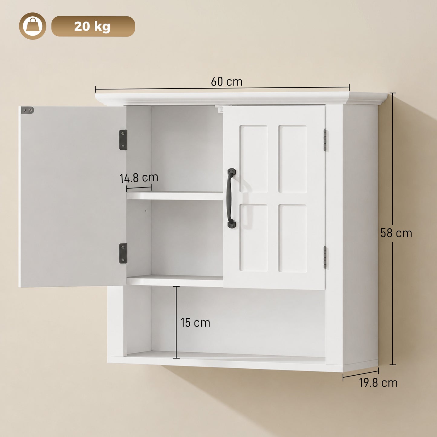 Bathroom Wall Cabinet, Medicine Cabinet, Kitchen Cupboard with 2 Doors and Adjustable Shelf, White