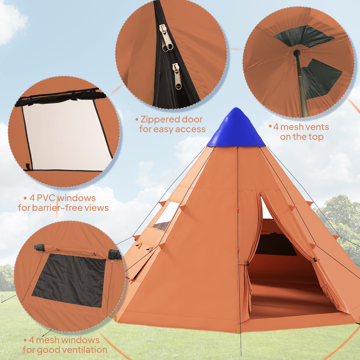 6 Men Tipi Tent with Carry Bag - Orange