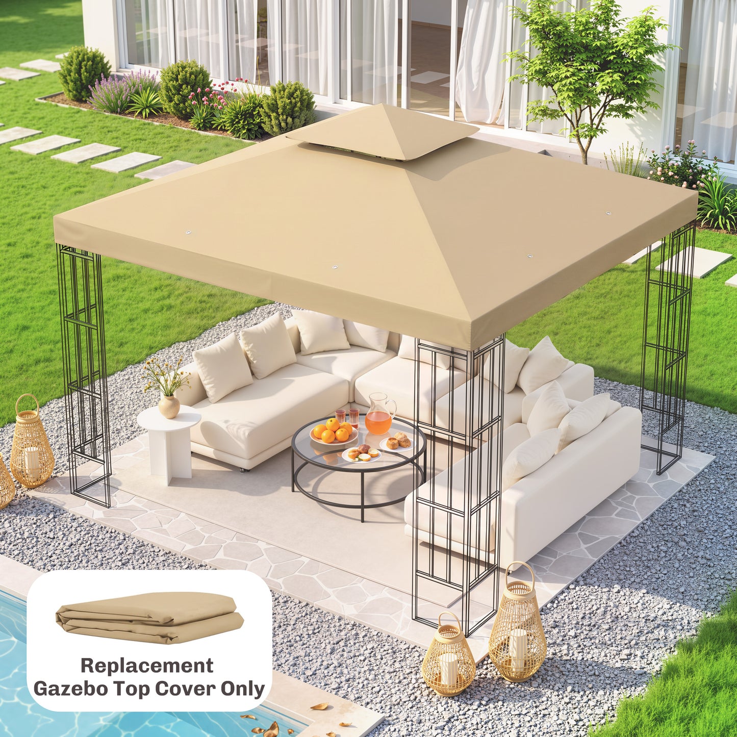 3(m) Gazebo Top Cover Double Tier Canopy Replacement Pavilion Roof Deep Beige