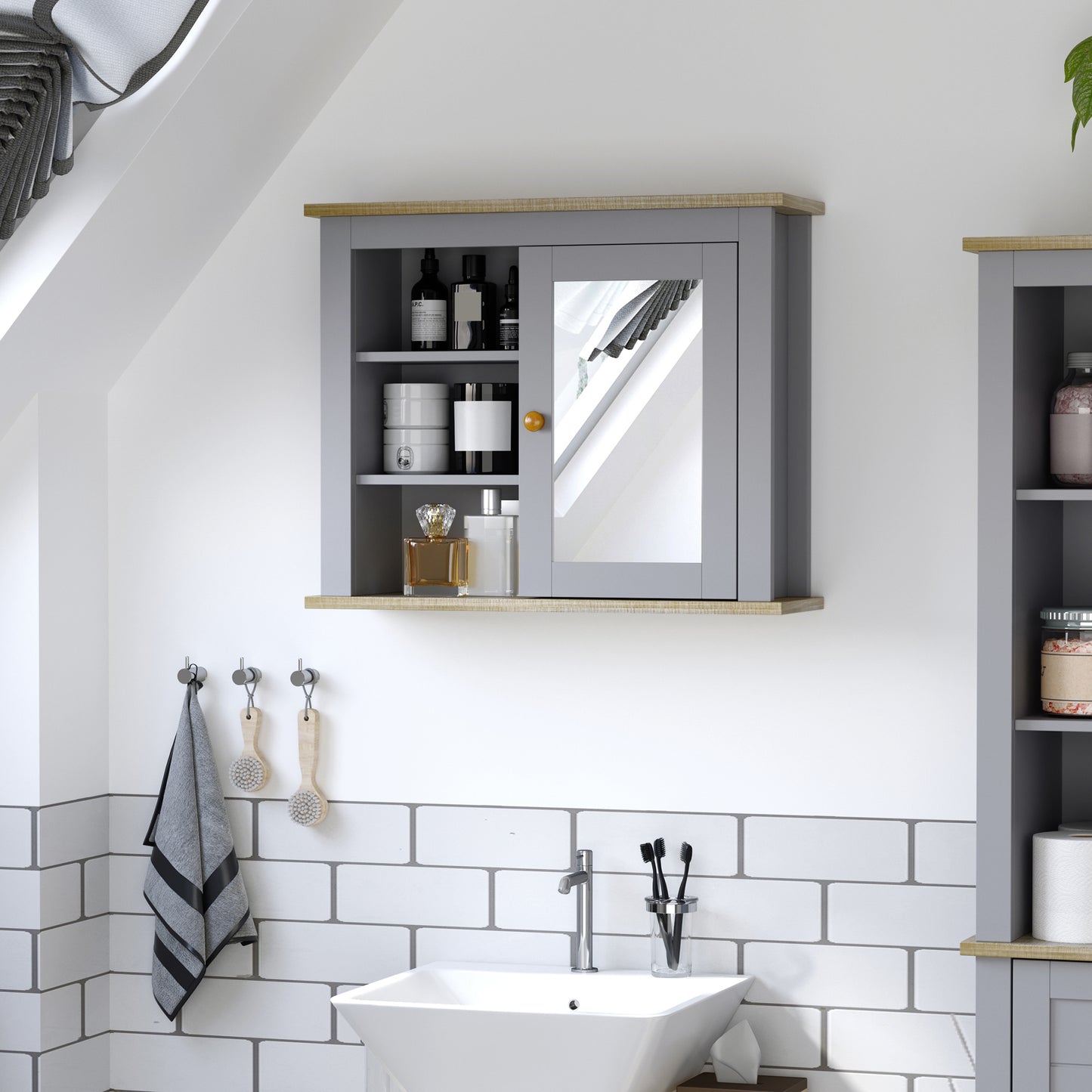 Bathroom Wall Mirror Cabinet, Cupboard with Door, Storage Cabinet with Adjustable Shelf for Corridors Living Rooms, Grey