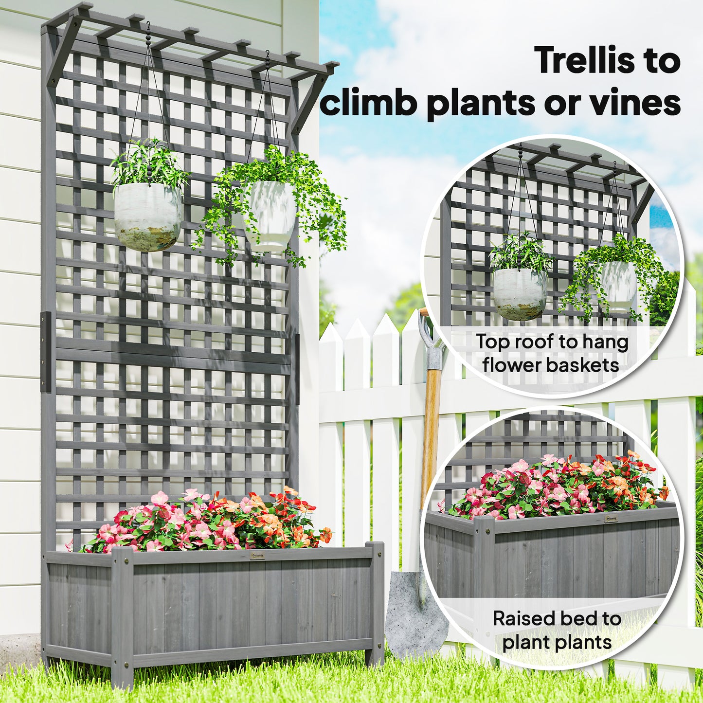 Raised Bed with Drainage Holes, Wood Planter with Trellis for Climbing Plants, Dark Grey