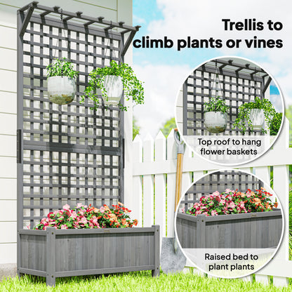 Raised Bed with Drainage Holes, Wood Planter with Trellis for Climbing Plants, Dark Grey