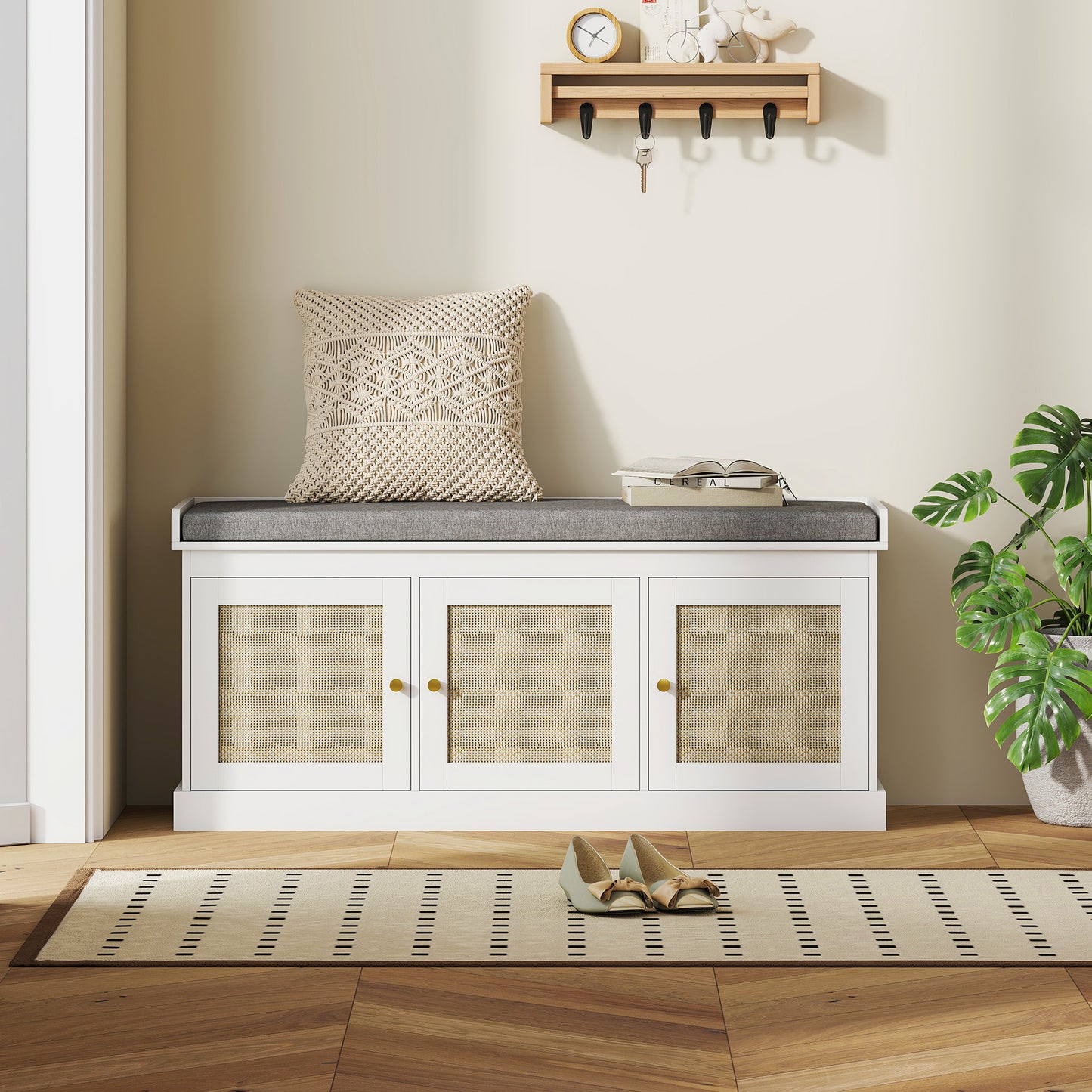 Shoe Storage Bench with Woven Rattan Doors, Seat - White