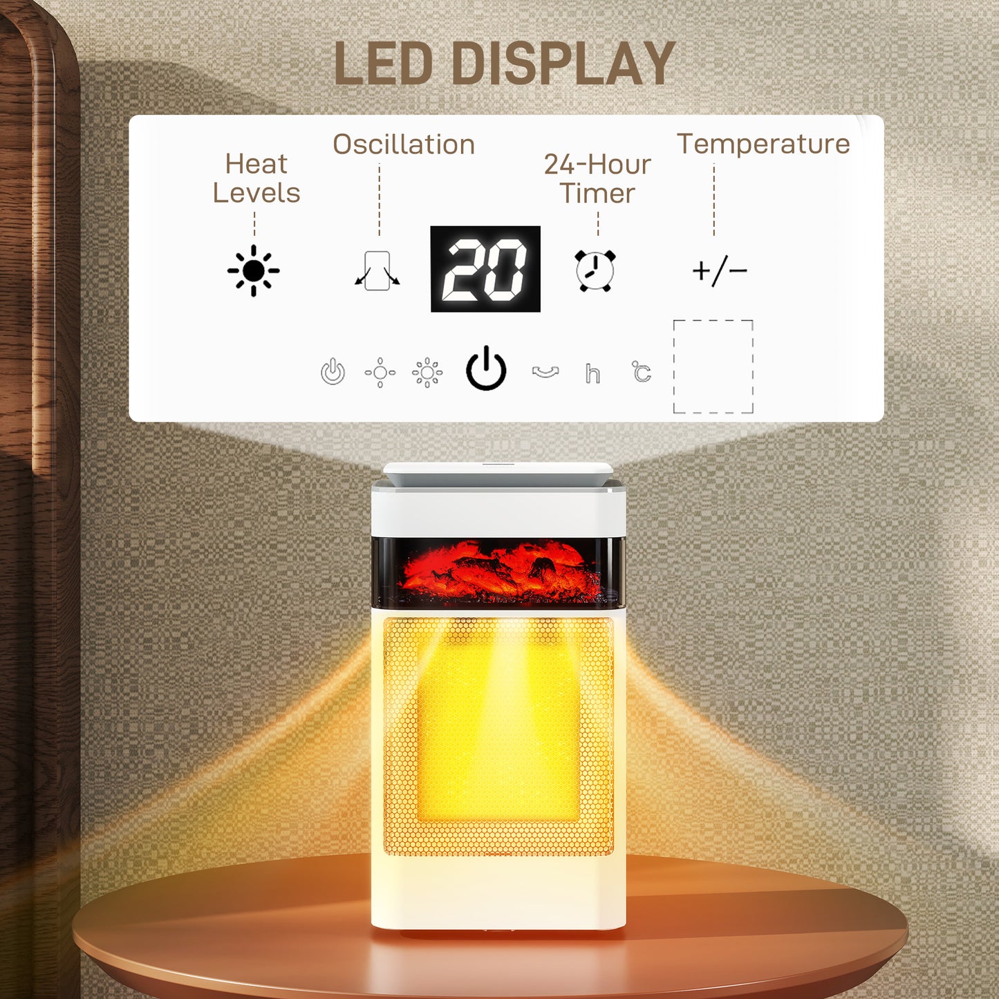 Ceramic Electric Heater, 1500W Fan Space Heater with 3 Modes, 24H Timer, Flame Effect, Oscillation for Bedroom, White