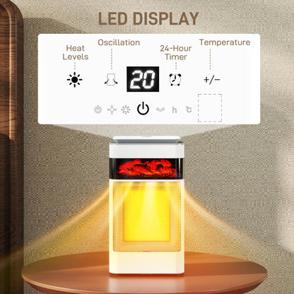 Ceramic Electric Heater, 1500W Fan Space Heater with 3 Modes, 24H Timer, Flame Effect, Oscillation for Bedroom, White