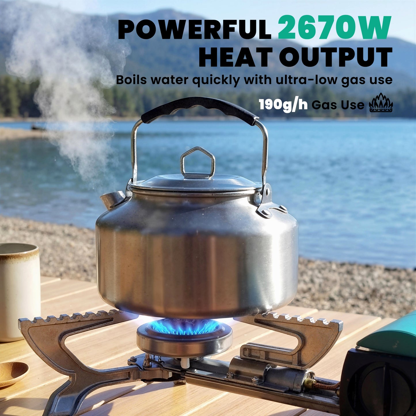 2670W Foldable Camping Stove with Safety Shut-Off, Piezo Ignition Gas Stove with Carry Bag, Green