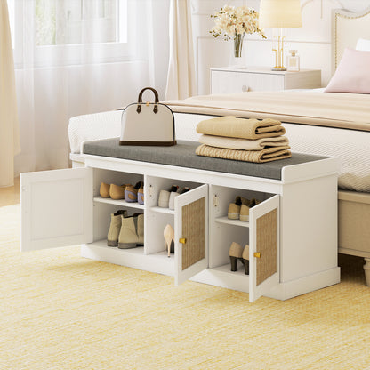 Shoe Storage Bench with Woven Rattan Doors, Seat - White