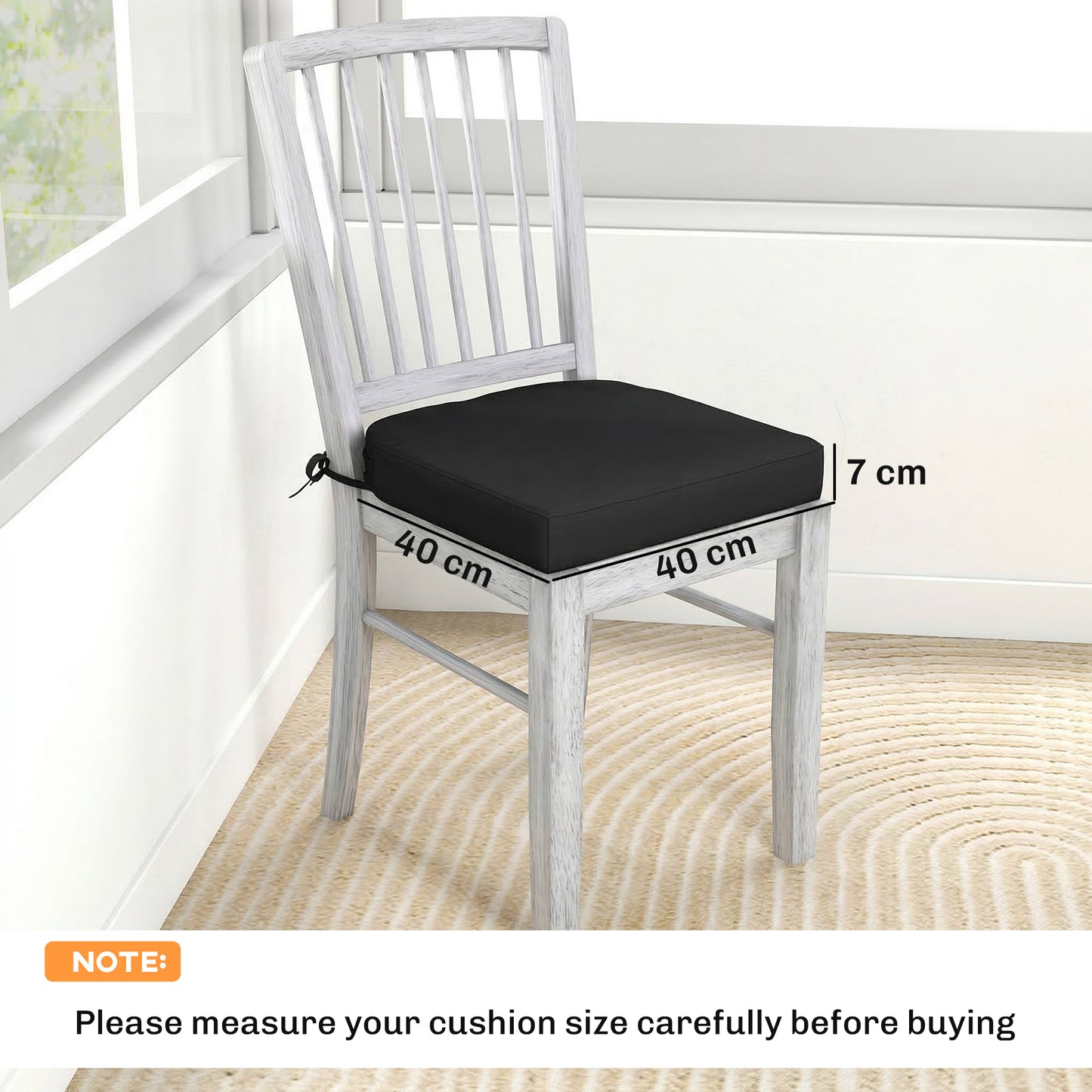 Outdoor Chair Seat Cushions Set of 2, Garden Chair Cushions with 7cm Thick Foam & Ties, Black