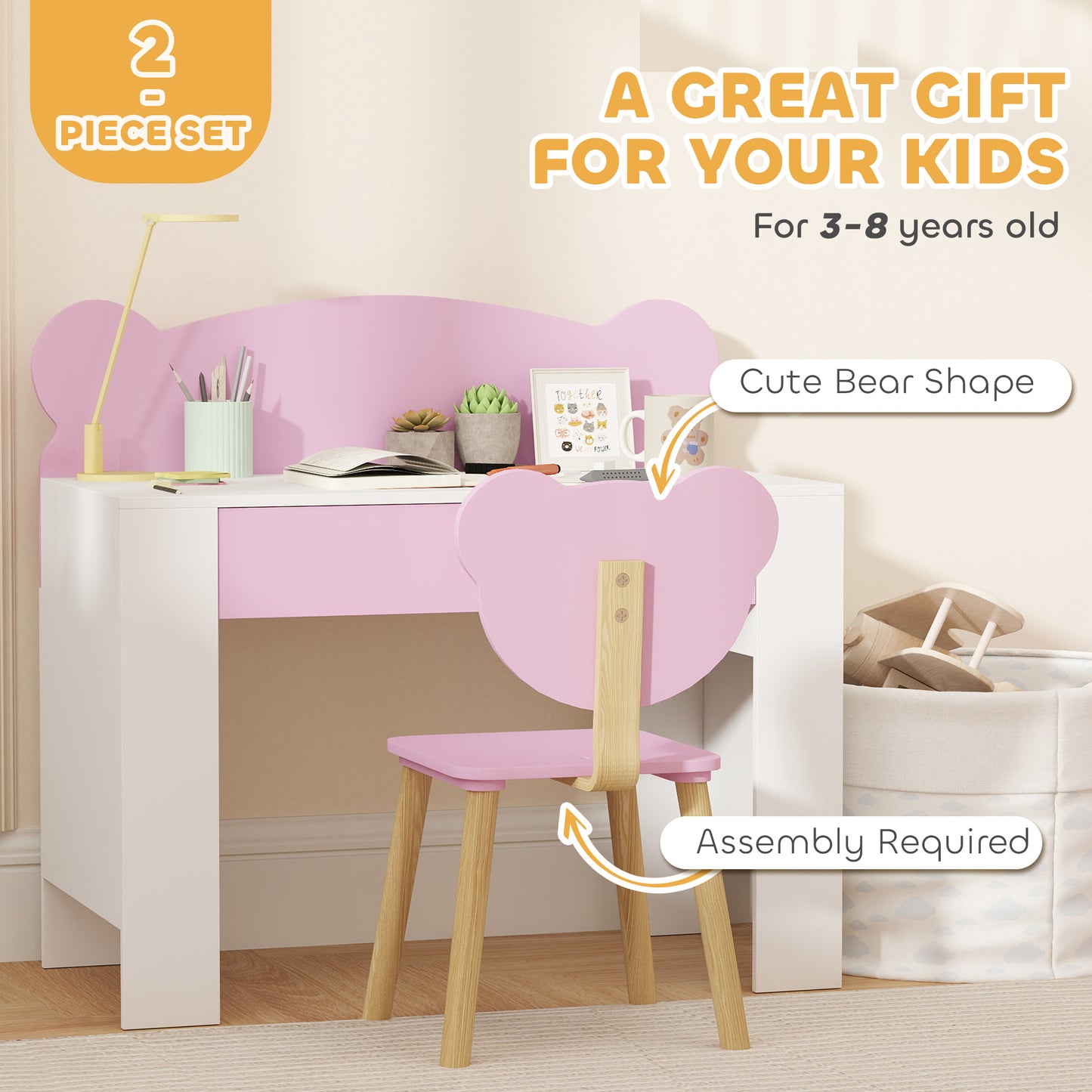 Kids Desk and Chair Set with Drawer for Drawing, Reading, Bear Theme Children Furniture for Bedroom, Daycare, Pink