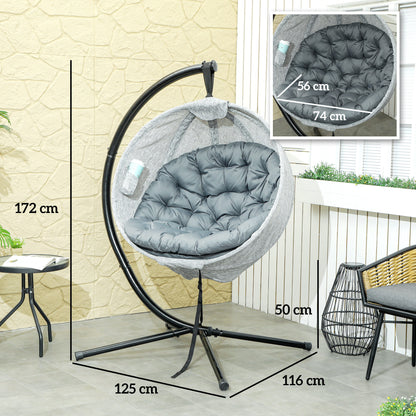 Hanging Egg Chair Outdoor Indoor Garden Swing Chair with Folding Basket, Thickened Cushion, Cup Holder for Patio, Balcony