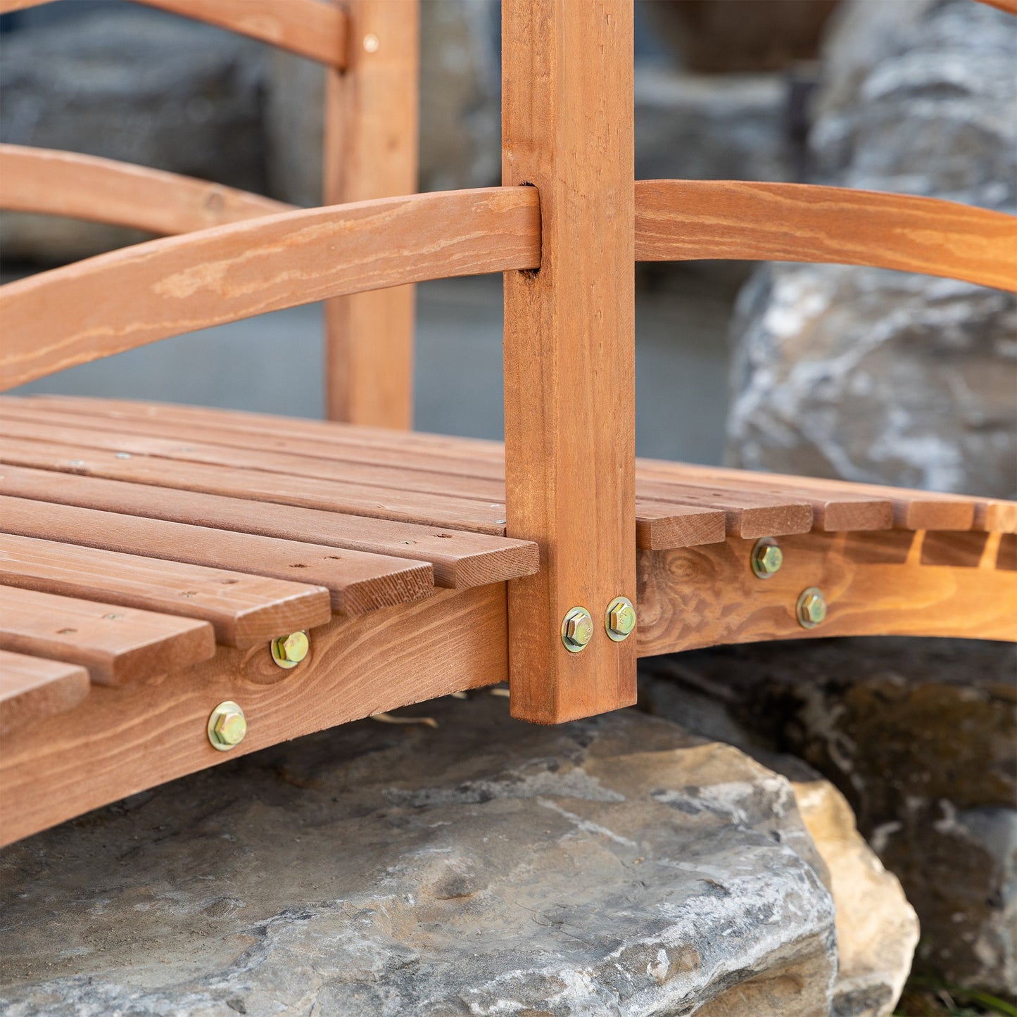 6FT Wooden Garden Bridge with Safety Railings, Classic Arc Footbridge for Stream Pond Walkway, Orange