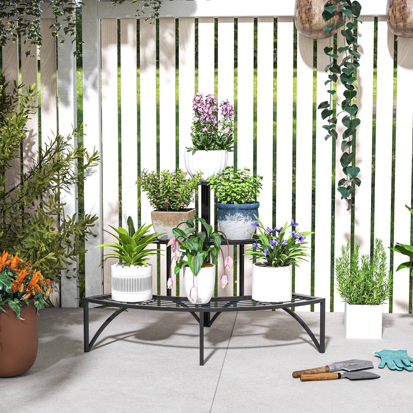 Three-Tier Corner Metal Plants Shelves - Black