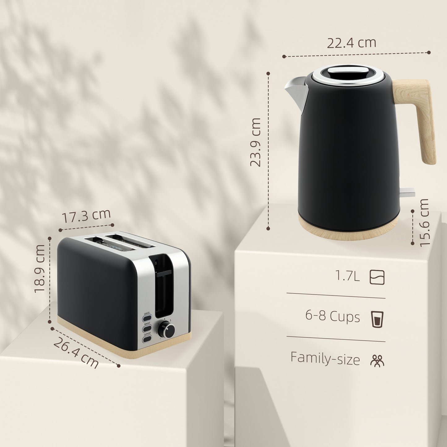 Stainless Steel Kettle and Toaster Set, 1.7L 3000W Fast Boil Kettle & 2 Slice Toaster Kitchen Set