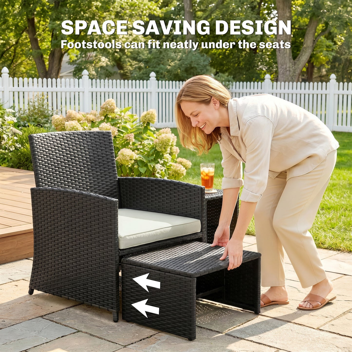 6 Piece Rattan Garden Furniture, Space-Saving Patio Furniture Set with Nesting Tables, Chairs, Stools, Cushions, Black