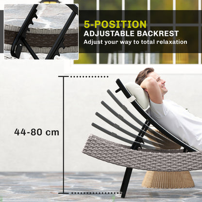 Rattan Sun Lounger, Garden Recliner with 5 Position Adjustable Back, S Shaped Texteline Seat, Headrest, Cream White