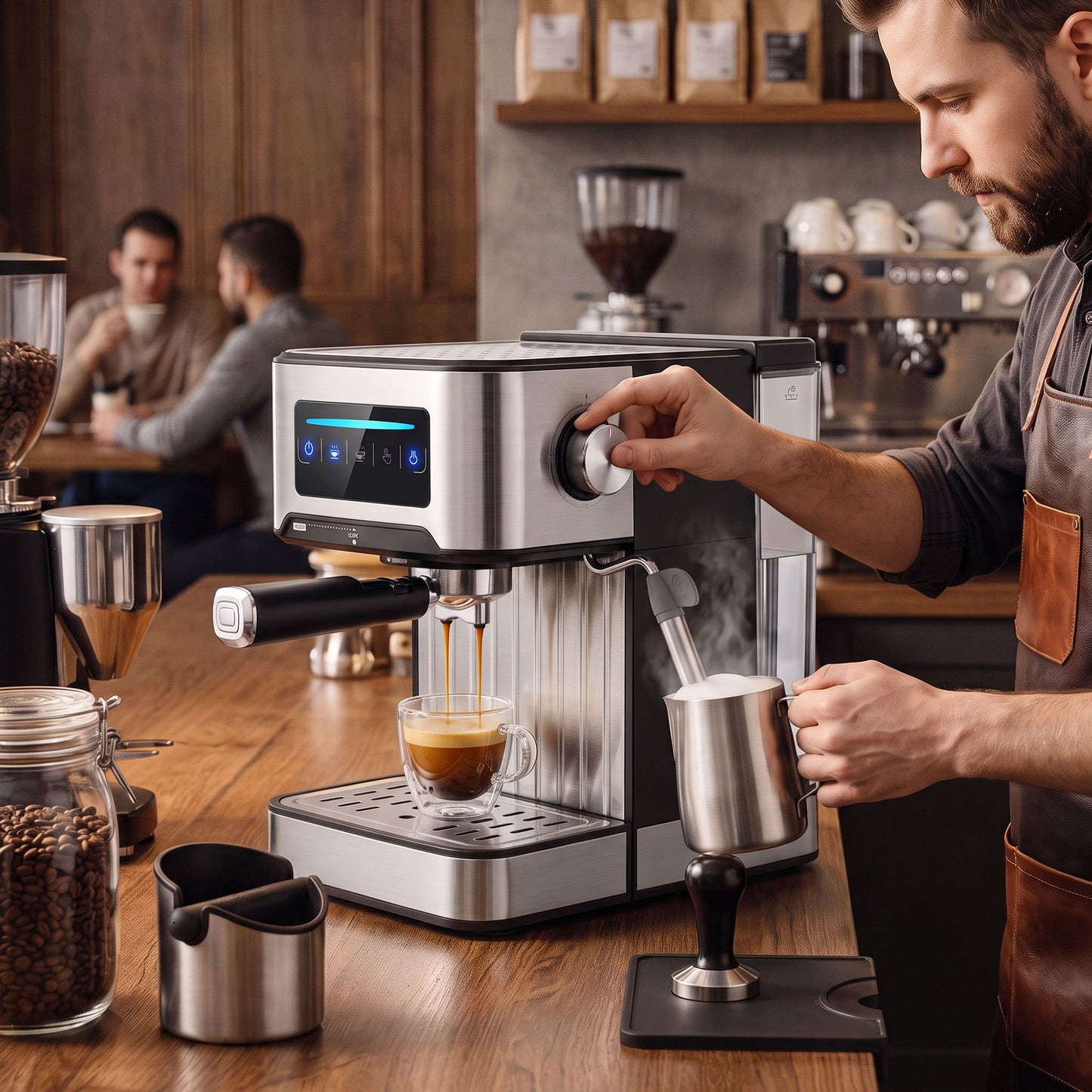 Espresso Machine, 20-Bar Cappuccino Coffee Maker with Frother Wand, 1.6L Tank, Single/Double/Manual Shot, LED Touch