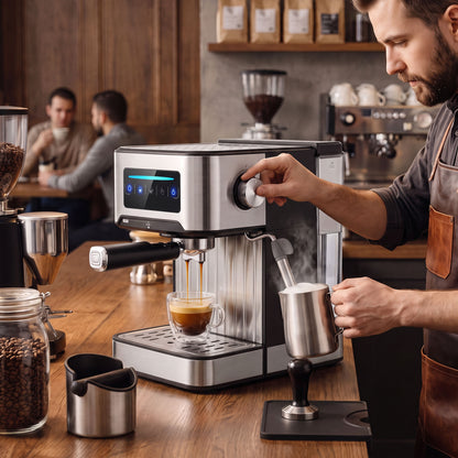 Espresso Machine, 20-Bar Cappuccino Coffee Maker with Frother Wand, 1.6L Tank, Single/Double/Manual Shot, LED Touch