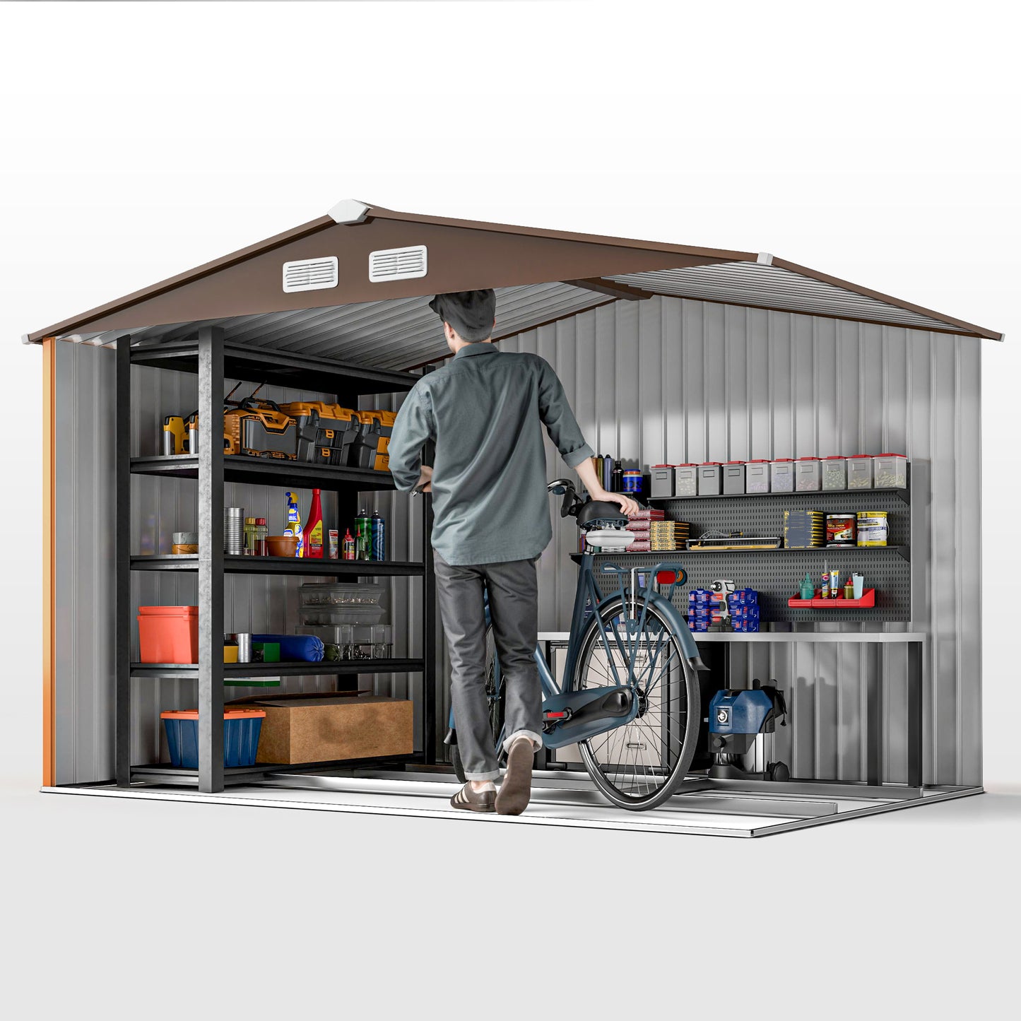 9 x 6ft Metal Garden Shed, Outdoor Storage Tool House with Ventilation Slots, Foundation Kit and Lockable Double Doors