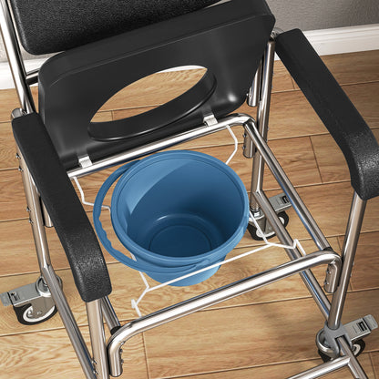 Transport Beside Shower Chair, 3-in-1 Commode Chair with Wheels and Padded Seat, Black
