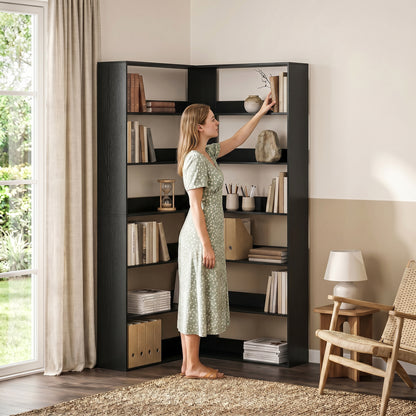 7 Tiers Bookshelf, L-Shaped Corner Bookcase with Anti-Slip Rear Guard, Black Wood Effect