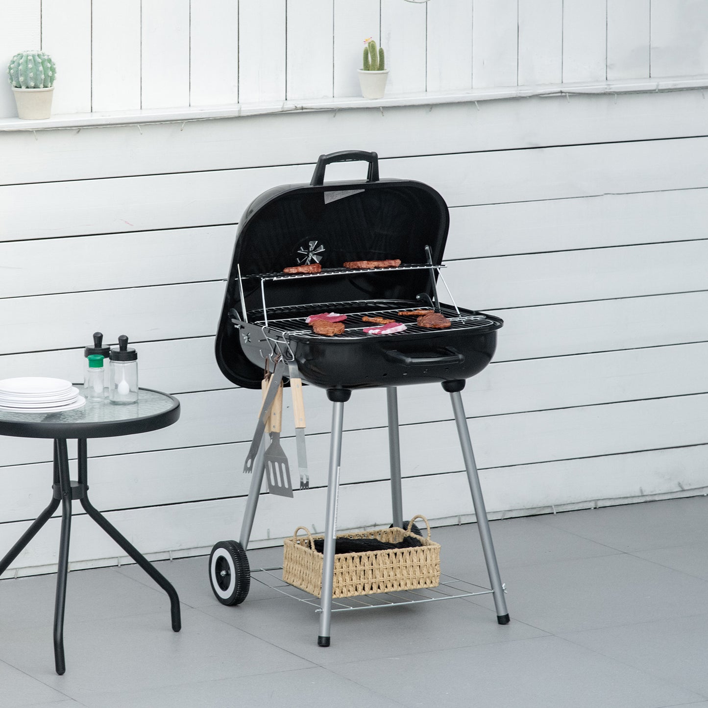 Portable BBQ Charcoal Grill with 2 Wheels and Cooking Utensils, Smoker Grill with Lid for Outdoor Barbecues, Camping, Picnic