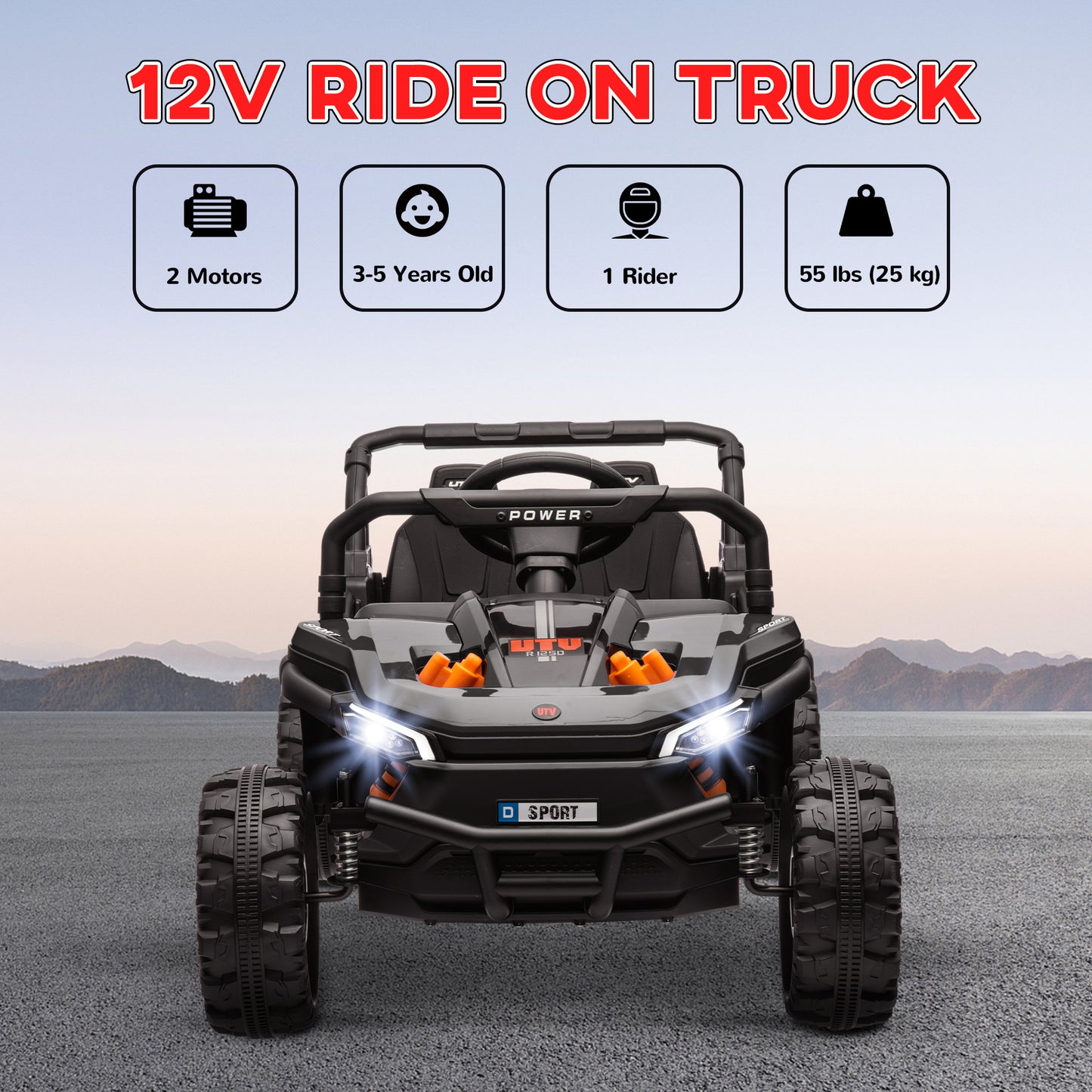 12V Battery Powered Ride on Truck w/ Remote, Four Suspension Wheels, Horn, Lights, Music, USB, for Ages 3-5 Years, Black