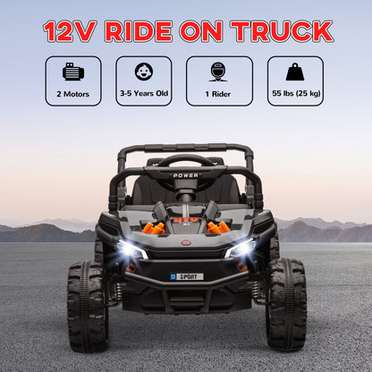 12V Battery Powered Ride on Truck w/ Remote, Four Suspension Wheels, Horn, Lights, Music, USB, for Ages 3-5 Years, Black