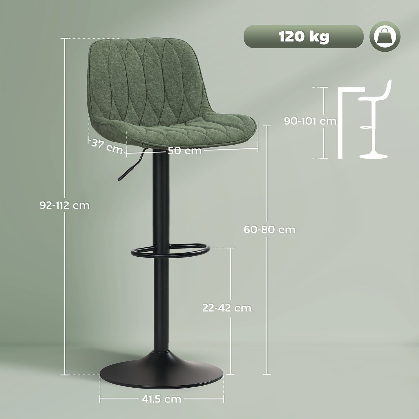 Breakfast Bar Stools Set of 2 Linen upholstery 60-80cm Adjustable Height - Green