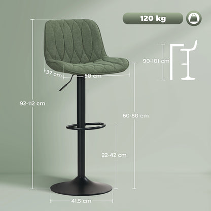 Breakfast Bar Stools Set of 2 Linen upholstery 60-80cm Adjustable Height - Green