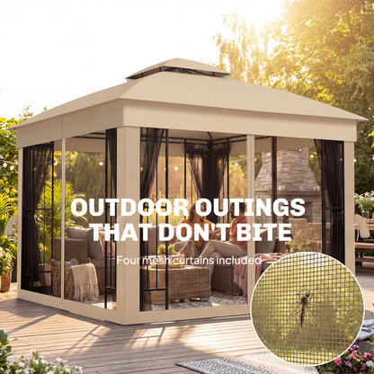 3 x 3 m Outdoor Garden Gazebo with Post Shelves, UPF50+ Double Roof Patio Permanent Pavilion, Brown