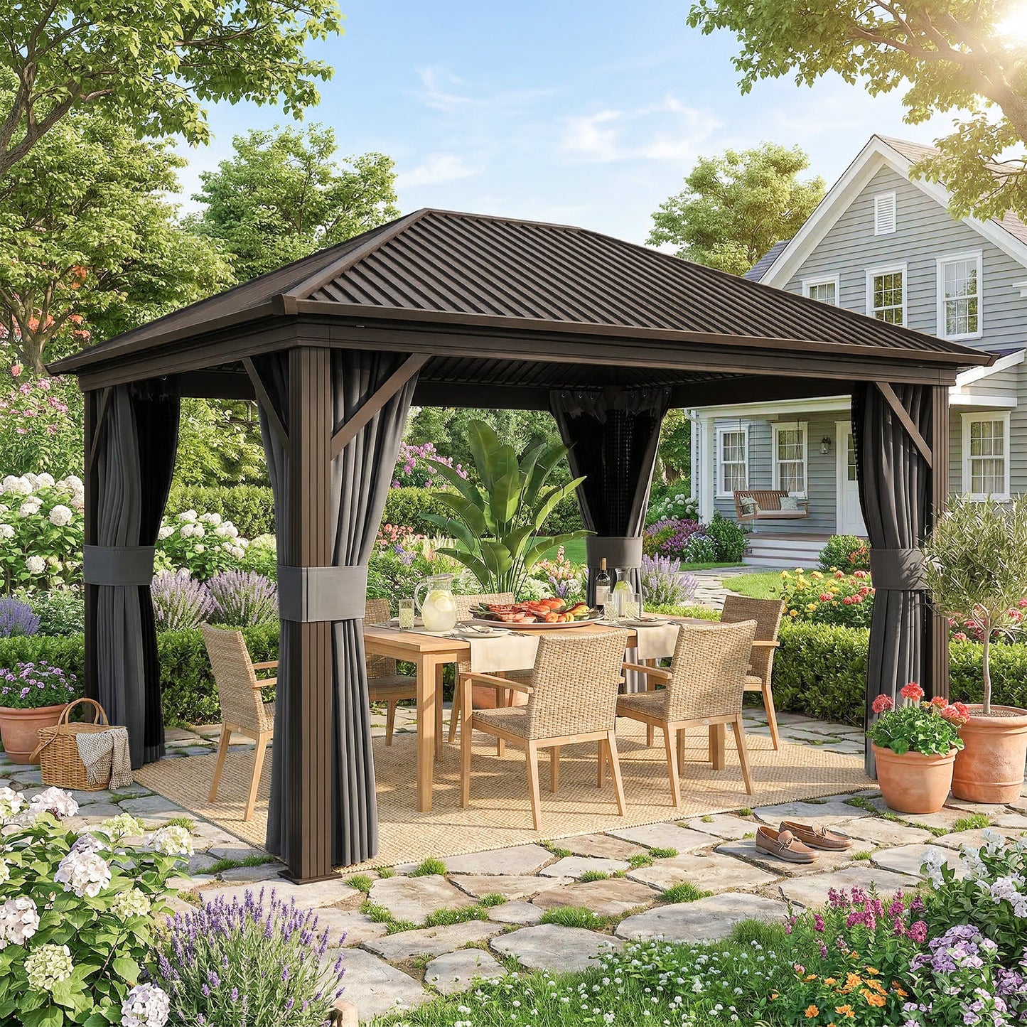 3.6 x 3 m Aluminium Hardtop Gazebo, with Accessories - Dark Grey