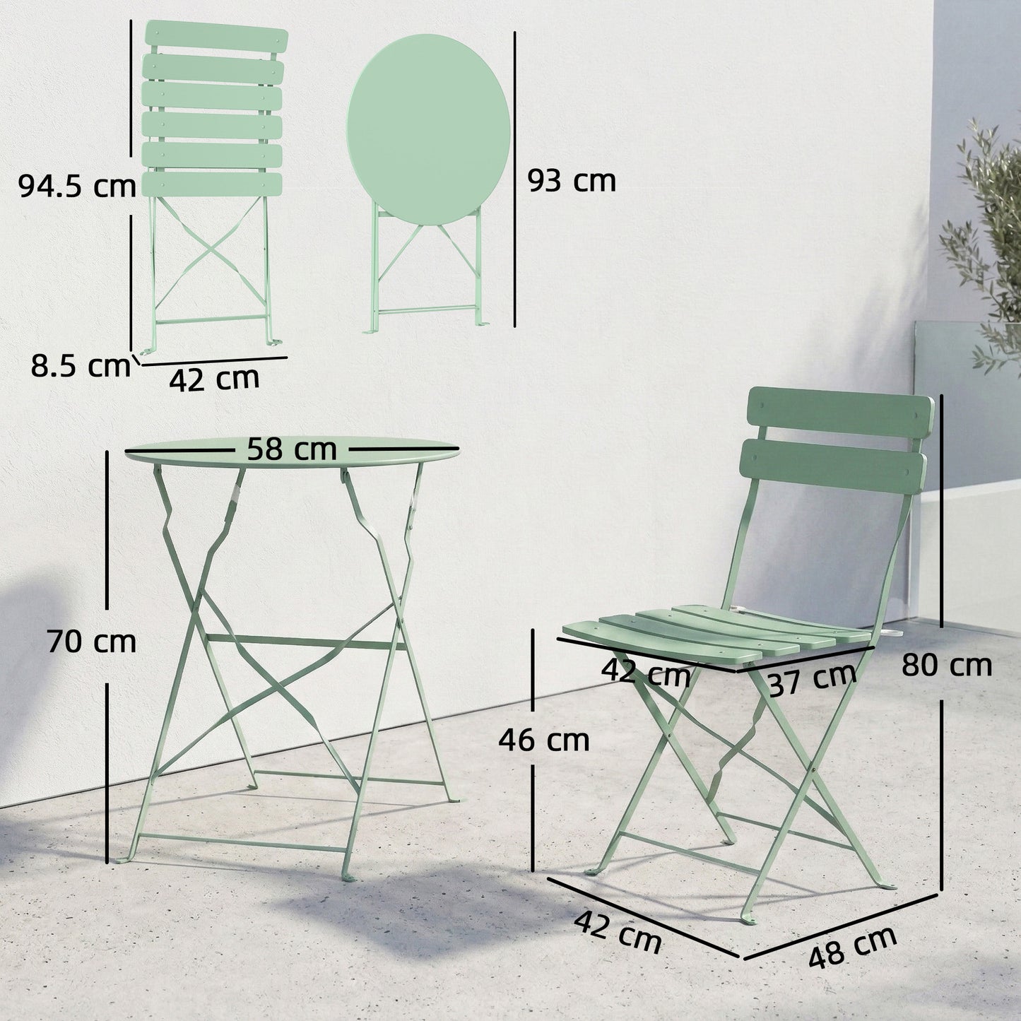 Folding Garden Bistro Set, Outdoor Round Bistro Table and Chairs Set 2 with Electrophoresis Metal Frame, Light Green
