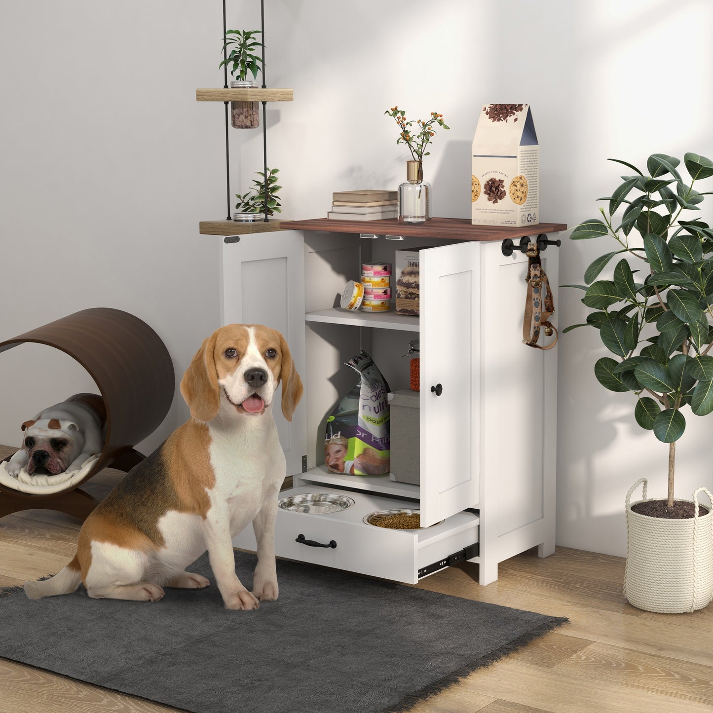 Pet Feeding Station with Raised Dog Bowls, Adjustable Panel, Hooks, White