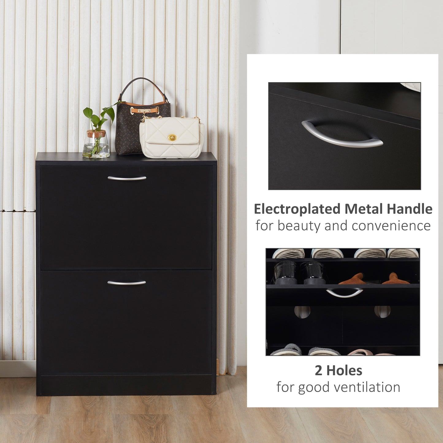 2 Drawer Shoe Cabinet, Narrow Shoe Storage Cabinet with Flip Doors and Adjustable Shelves