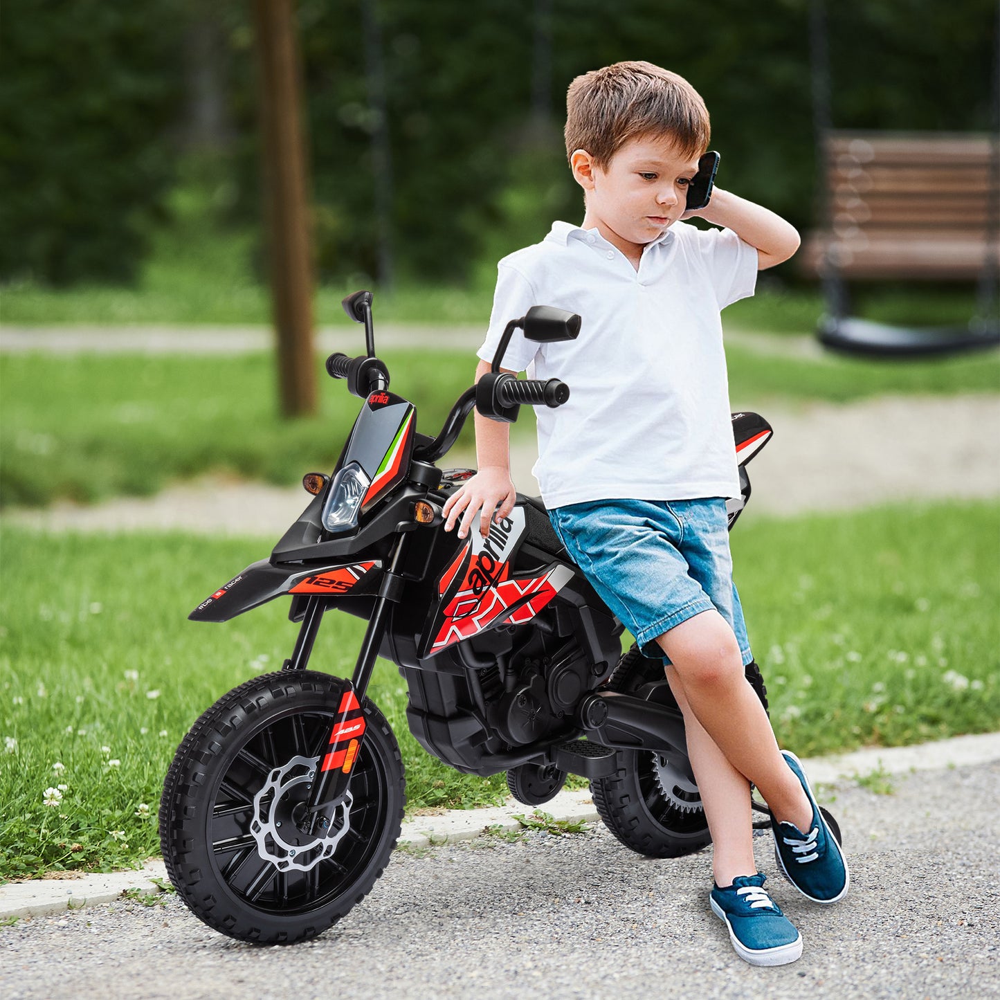 12V Aprilia Licensed Kids Motorbike with Training Wheels, Spring Suspension, LED Headlight, USB, Music, Red/Black
