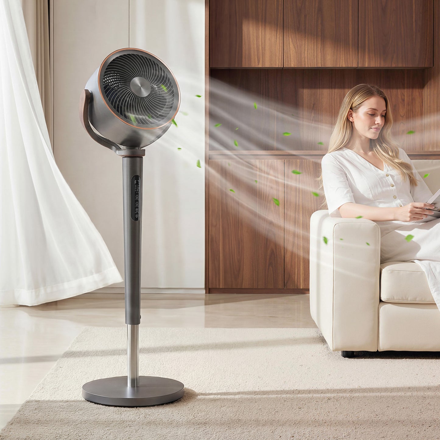 20dB Silent Standing Fan, 70°+90° Auto Oscillating Fan with 12 Speeds, LED Light, Air Circulator, Remote Control, 12H Timer