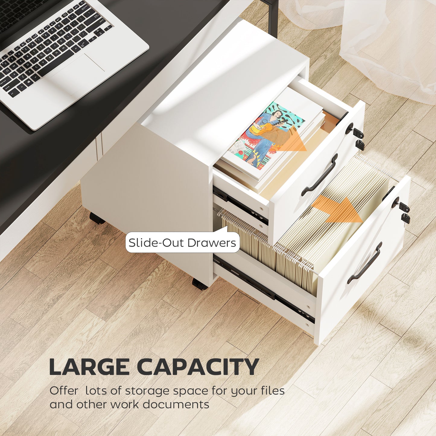 Rolling File Cabinet with 2 Drawers, Mobile Filing Cabinet with Hanging File Folder for Letter Sized Documents, White