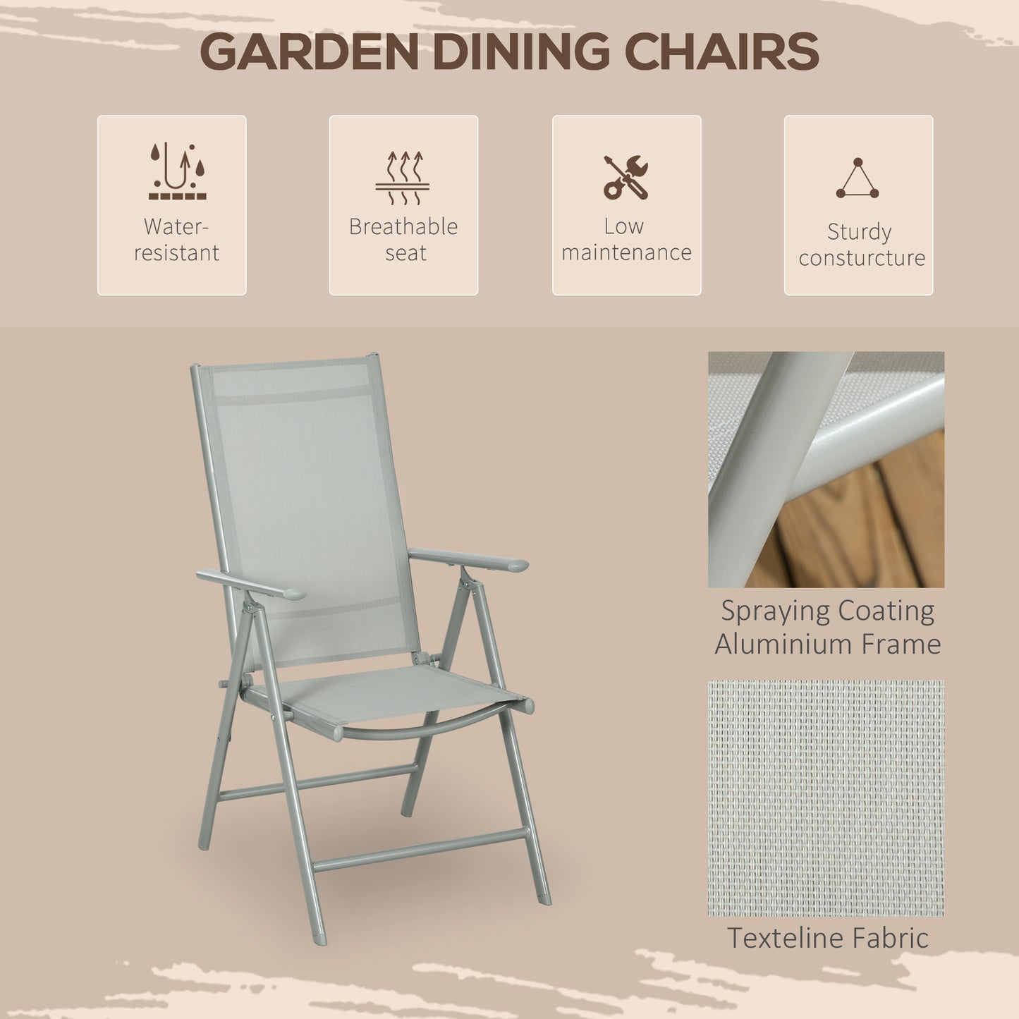 7 Piece Garden Dining Set, Outdoor Table and 6 Folding and Reclining Chairs, Aluminium Frame, Tempered Glass Top Table
