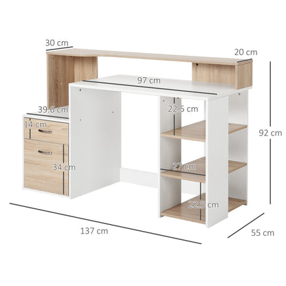 Computer Desk with Drawers and Storage Shelves, Office Desk Writing Table with Printer Stand