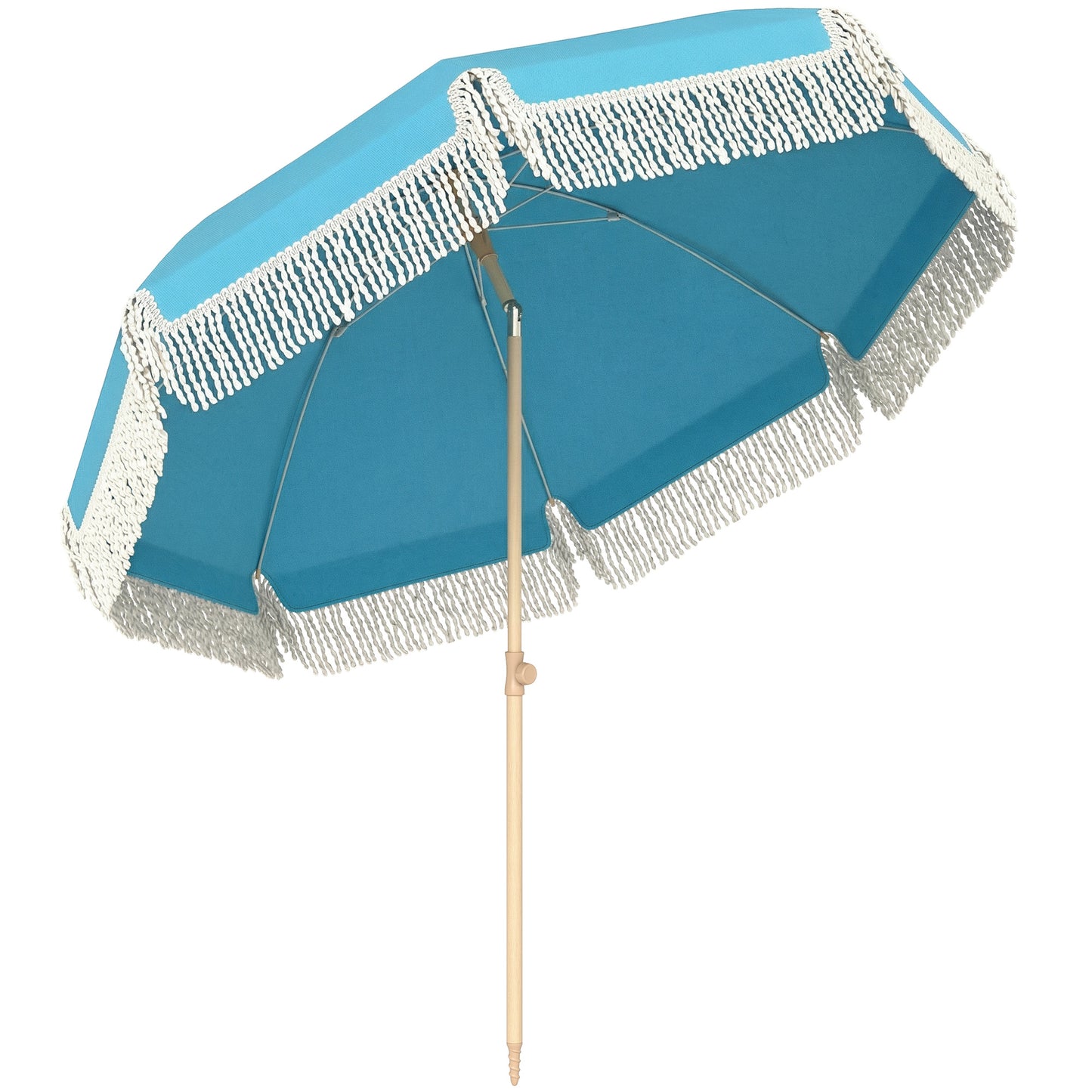 1.7 m Beach Umbrella with Sand Anchor, 30° Tilting Fringed Beach Garden Parasol with Adjustable Height, Grey