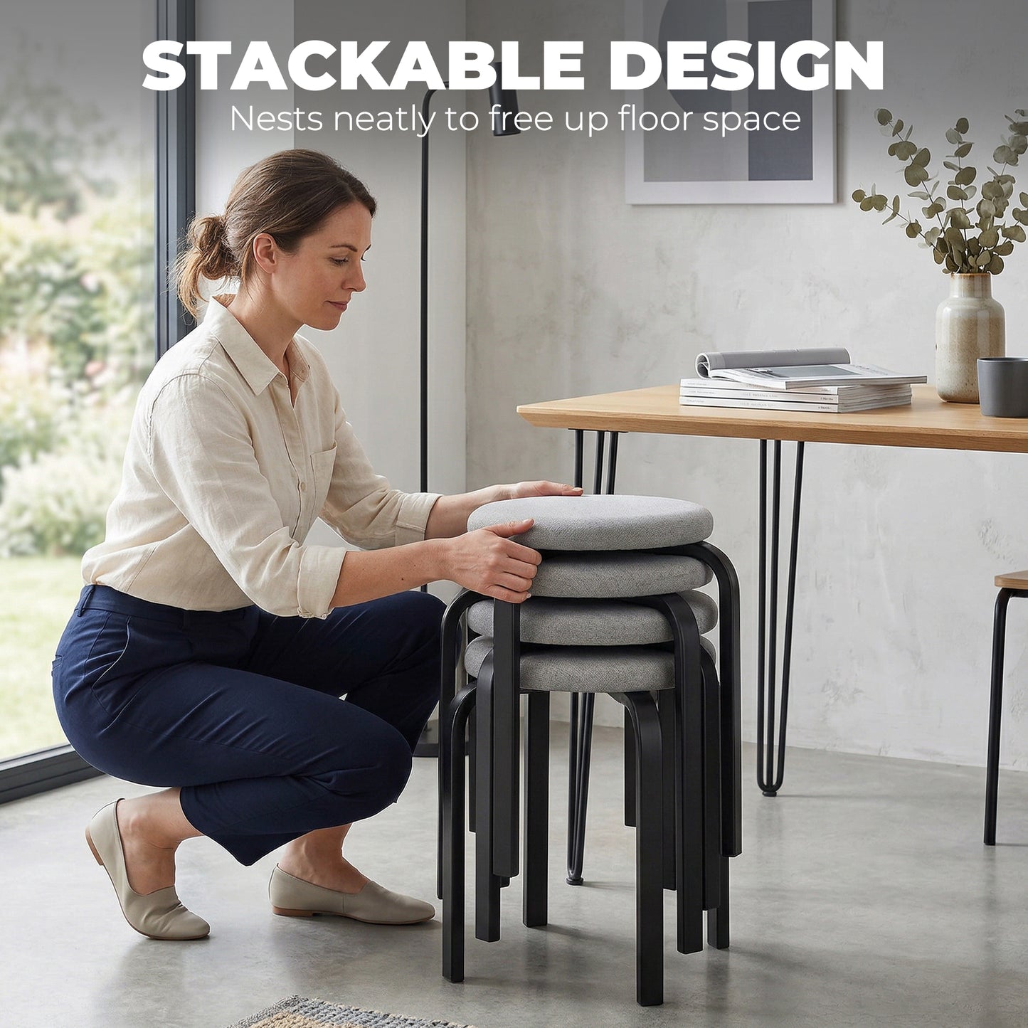 Stackable Stools Modern Cushioned Round Backless Stools Set of 4 Kitchen Dining Room Grey